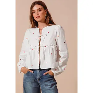 Front Tie Heart Embroidered Blouse With Puff Sleeve