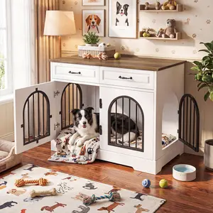 43.3" Dog Crate Furniture with 2 Storage Drawers, Heavy Duty Indoor Dog Kennel for Medium and Large Dogs, Wooden End Table Dog Cage with Side Doors, Stylish Dog Crate Furniture for Living Room, Pet  Furniture, White and Brown house Weatherproof Insulated