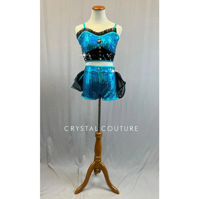 Bright Blue Sequin Two Piece with Black Ruffled Back Bustle