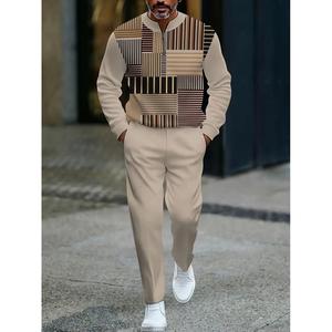 Men's 2-Piece Casual Vacation Set - Fashionable Geometric Pattern Long-Sleeved Polo Shirt & Pants, Comfortable Fabric with Zipper
