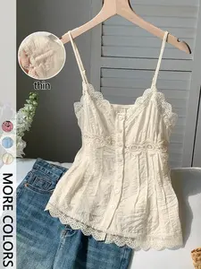 Women's  Solid Color Crinkled Textured Lace Trim Camisole Top, Classy Tops, Fitted, V Neck, Adjustable Spaghetti Straps, Sleeveless, Summer Daily Casual Vacation Date Home Wear