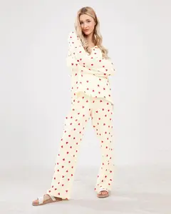 Loveimgs Women's Long-Sleeve Pajama Set (2-Piece) — Button-Down Shirt & Pants, Pure Cotton with Heart Print