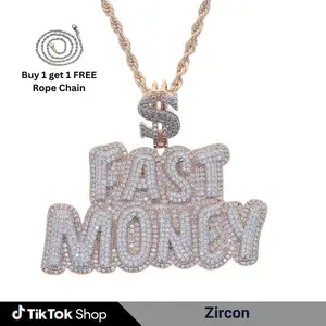 Trendy Hip Hop Iced Out Zirconia Fast Money Pendant Stainless Steel Rope Chain for Unisex Fashion Jewelry Accessory for Casual Wear