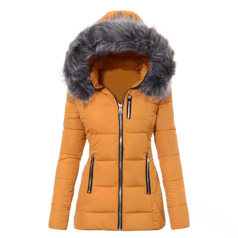 Women's Minimalist Basic Polyester Long-Sleeve Puffer Outerwear - Winter Windproof, Warm, Waterproof Hooded Top with Ribbed Details