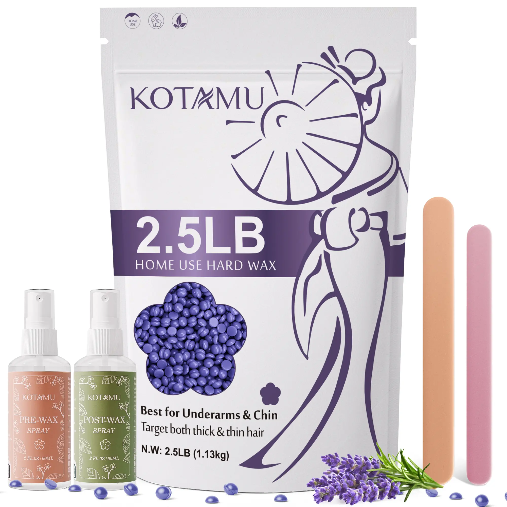 KOTAMU Wax Beads 2.5LB Hard Wax for Underarms, Chin, Bikini, Facial, Arm & Leg - Targets Thick to Thin Hair for Women & Men Body Care