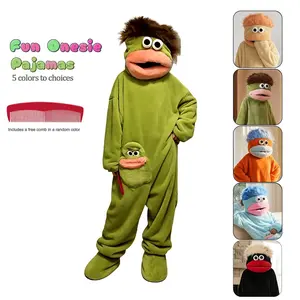 Funny Green Monster Coral Fleece Onesie Pajamas for Adults with Shoes and Comb - Cozy One-Piece Loungewear