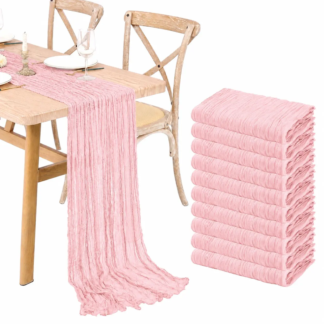 10 Pack Pink Table Runners，Cheesecloth Table Runner 17*108 inches 9FT Semi Sheer Boho Gauze Cheese Cloth Fabric Table Runners, for Wedding Party Baby Shower Birthday Home Decor Garden Farmhouse
