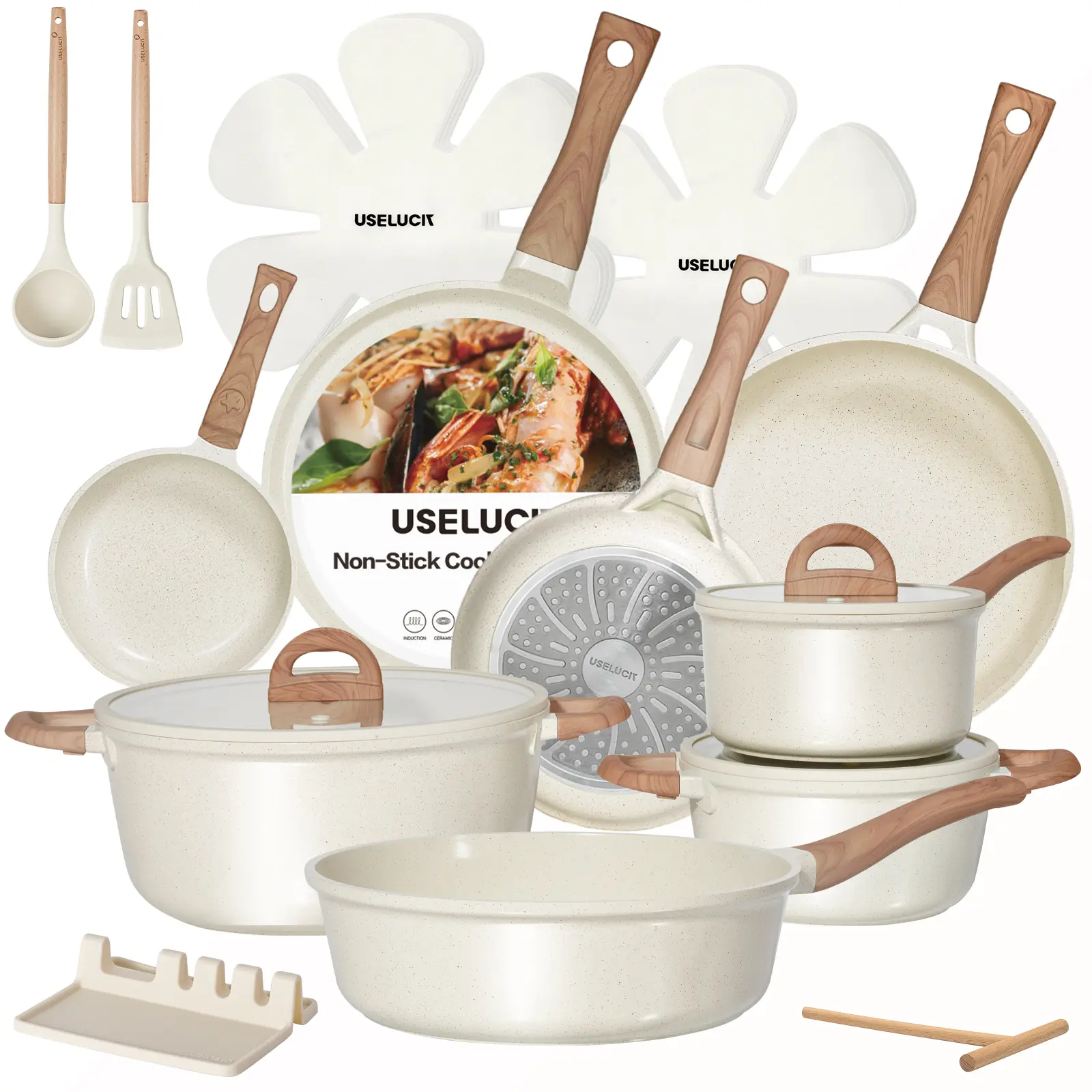 USELUCK 22-Pcs Cream Titanium Nonstick Aluminum Pots and Pans Set - Household Items, Anti-Adhesive, Durable, Easy to Clean, Induction & Gas Compatible, Heat-Resistant Wood Handle, Round Pans, Bundle Cookware Sets, Kitchen Supplies
