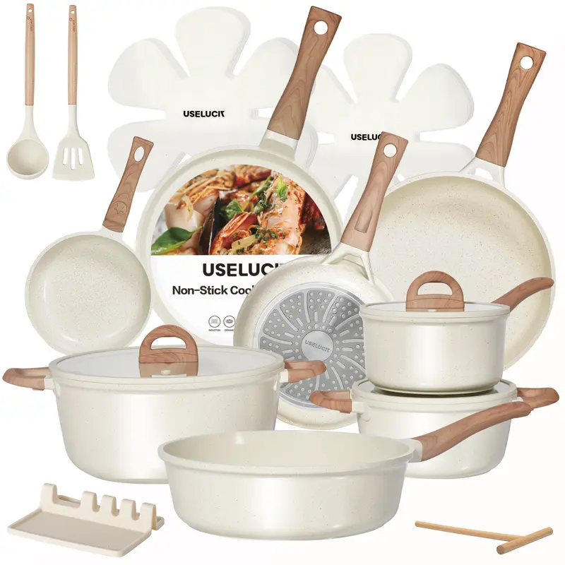 USELUCK 22-Pcs Cream Titanium Nonstick Aluminum Cookware Set - Vevor Drain Pan Included, Anti-Adhesive, Durable, Easy to Clean, Induction & Gas Compatible, Heat-Resistant Wood Handle, Round Pans, Household Kitchen Supplies