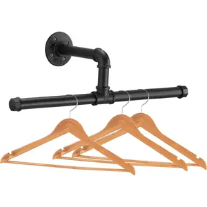 Industrial Pipe Floating Clothes Rack, Wall-Mounted Hanging Rack, Durable Space-Saving Heavy Steel Metal Frame, Commercial or Residential Use