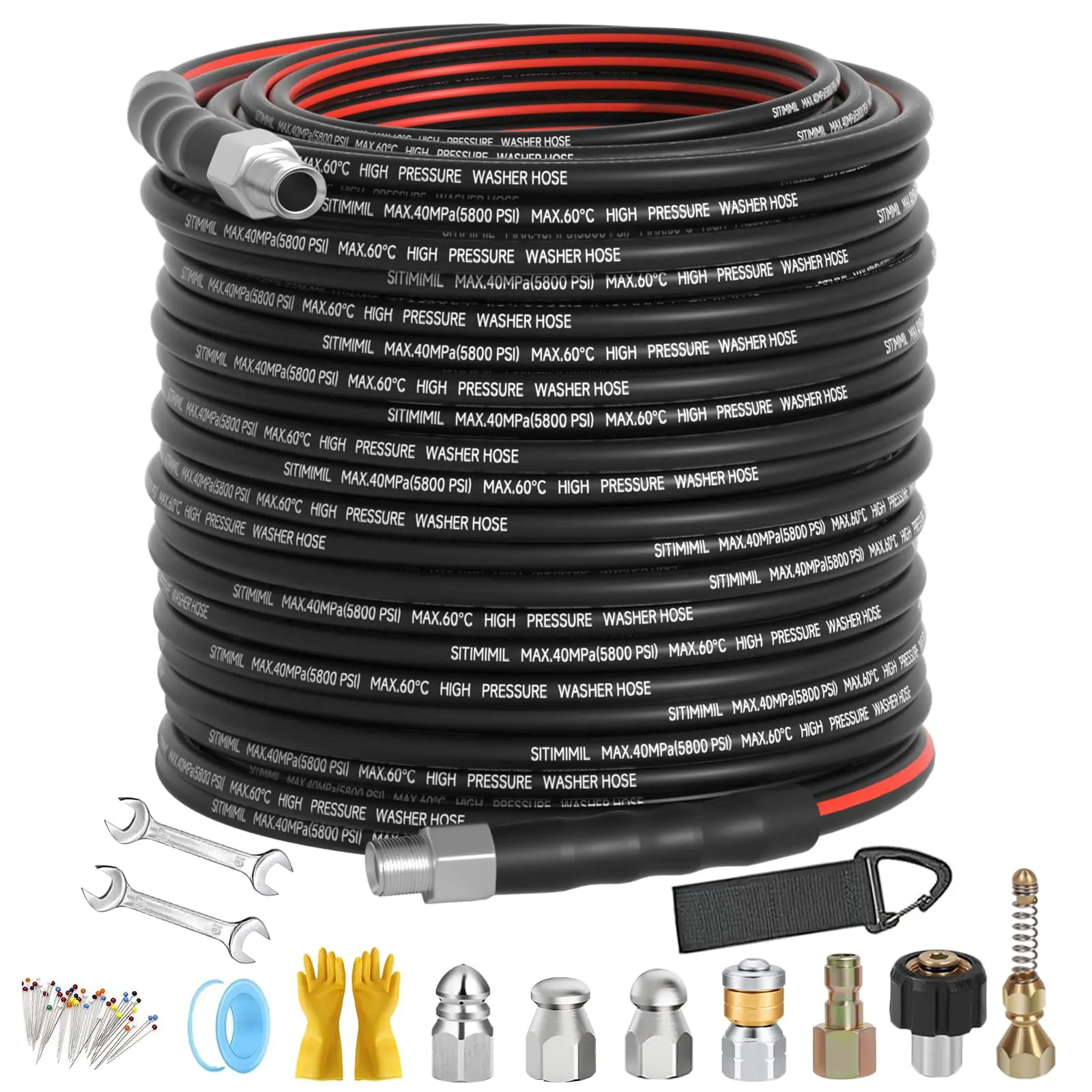 Sewer Jetter Kit for Pressure Washer 50FT/100FT/150FT, Drain Cleaner Hose 1/4 Inch NPT, NPT Corner Swivel and Push Button Nose Sewer Jet Nozzle Wrenches Gloves Waterproof Tape Pearl Brooch,5800PSI,