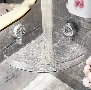 Corrugated Suction Cup Holder Corner Shower Large Organizer Shelf Clear Acrylic Shower Tray Shelves Inside Floating Shower Wall Shelf Bath Basket Rack Duty (Corner-Clear)