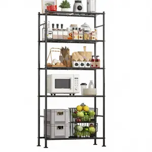 Storage Shelves - 5-Tier Metal Storage Shelves with Wall Anchoring Kit & Leveling Feet, Sturdy Steel Shelf Organizer for Kitchen, Laundry Room, Bathroom, 31.3" x 12.6" x 72", Black
