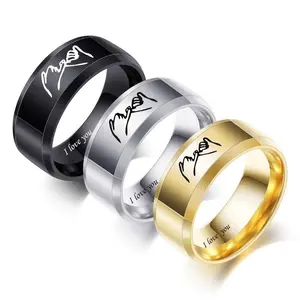 Titanium Steel Love Hook Oath I Love You Stainless Steel Ring for Men and Women Simple Couple Pair Ring in Black Silver and Gold