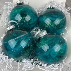 Set of 4 Epoxy Teal Glittered Alcohol Ink Swirl Ornaments, Handmade 4” plastic Round Christmas Ornaments