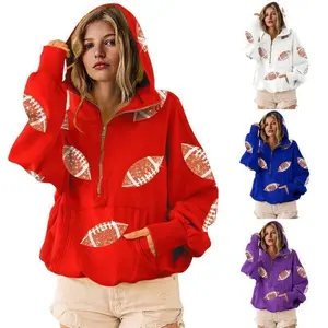 Womens Game Day Sweatshirts Football Sequin Long Sleeve Zipper Hoodies with Pocket