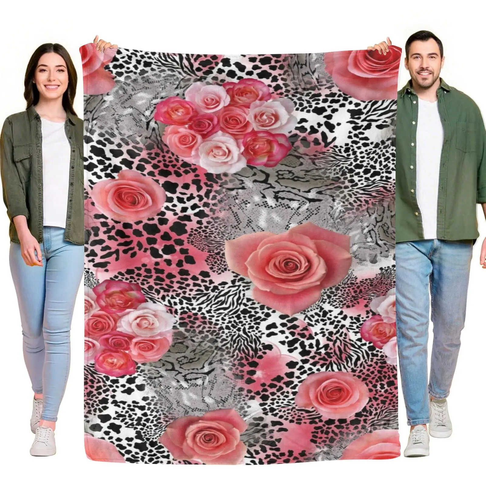 Seamless Fleece Throw Blanket - Pink Rose, Leopard, Zebra Lace-Mix Animal Print, Girly Floral Wild Pattern, Cozy Warm, for Fashion Aesthetic Room Decor