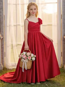 Girls' dress swallowtail dress medium and large children's shoulder 3D flower tail dress children's pleated piano dress Pleated Summer Dresses