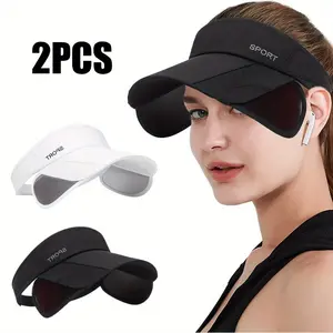 2 Pack Adjustable Retractable Wide Brim Golf Visor Hats for Women - Lightweight Stretch Fit Caps with Adjustable Strap & Snap Closure, White & Black for Outdoor Sports, Hiking, Beach, Running, Tennis, Sports Headwear, Minimalist Sporty Look