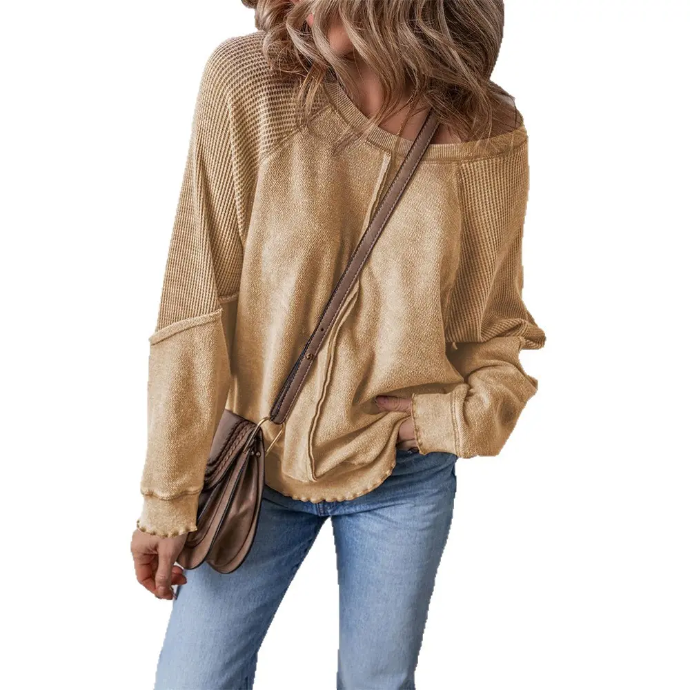 Women's Lady Round Neck Long-Sleeve Reverse Seam Splicing Loose Pullover Sweatshirt, Fashion Sports Casual Tops