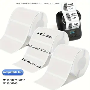 M100/M110/M220/M200/B1 thermal paper labels, Sticky Label, 40 x 30mm white, 3 rolls, suitable for various printers, 1.57in x 1.18in, capable of printing barcodes, QR codes, and gift seals