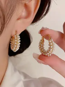 Braided Pearl Earrings, Arc-Shaped C Ring with Asymmetrical Beads, Effortless Elegant Style, Perfect for Any Occasion