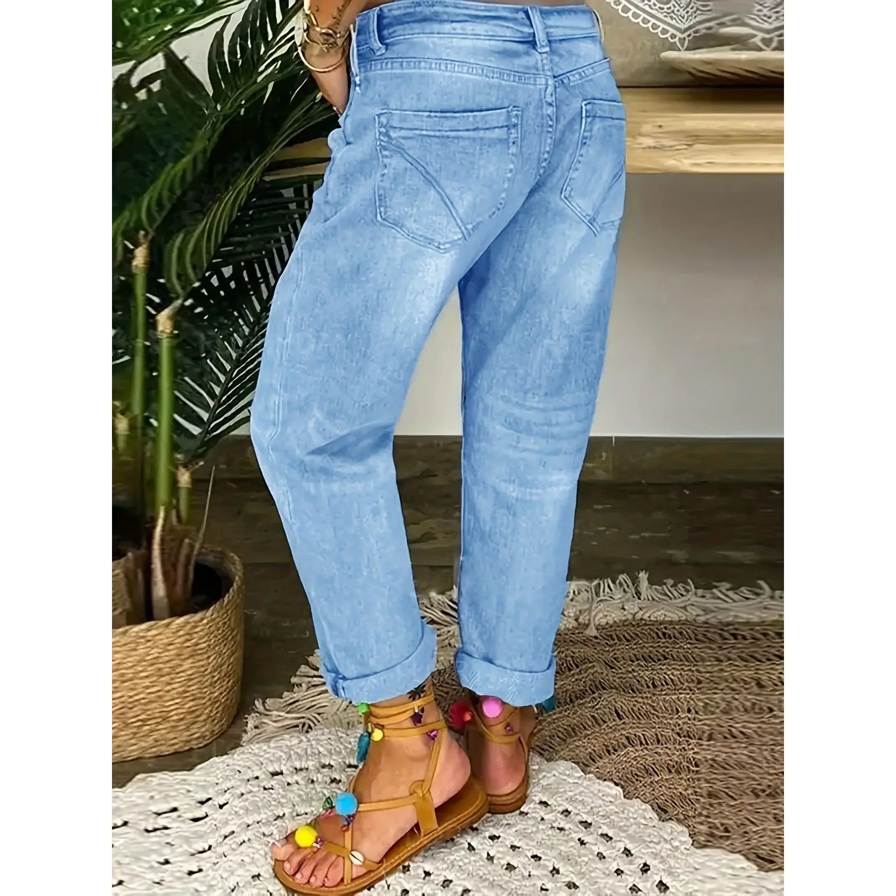 Women's Fashion Summer Stretchy Comfort Fit Ripped Straight Leg Washed Blue Denim Jeans for All Seasons Lightweight Breathable Casual Everyday Wear
