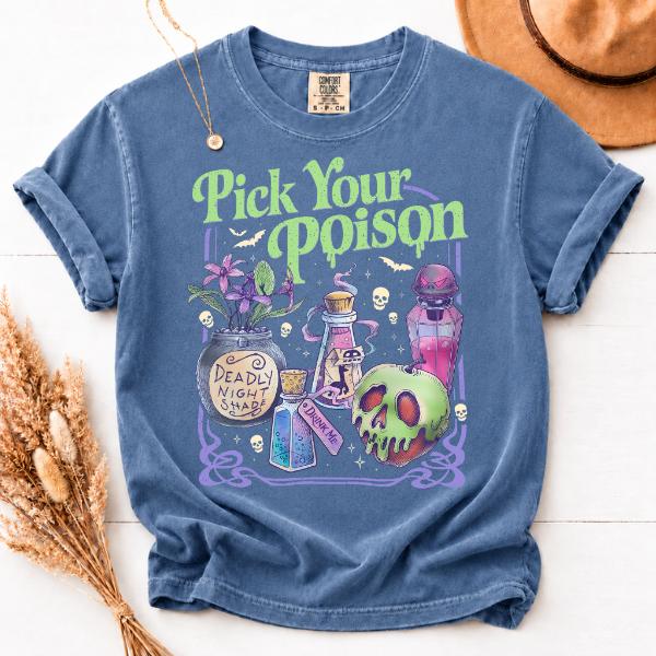 Women’s Men’s Comfort Colors T-Shirt – Pick Your Poison Halloween Shirt, Spooky Potion Bottle Graphic Tee, Witchy Skull Halloween Outfit, Vintage Halloween Gift
