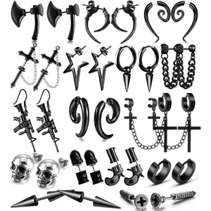 16 Pairs Stainless Steel Punk Y2K Black Dangle Earrings for Men, Axe Skull Screw Cone etc Huggie Hoop Long Chain Piercing Hoop Earrings Set for Unisex Earrings for Women