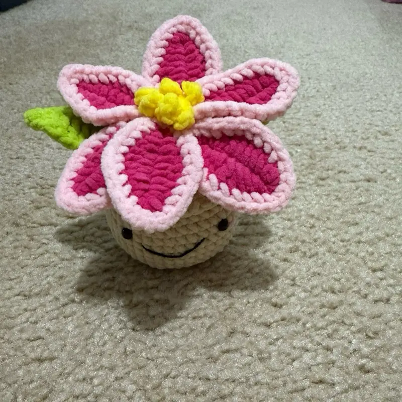 Crocheted Red Rose in Pot - Handmade Decorative Flower for Home or Office