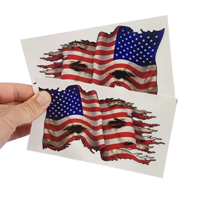 2 Pack New Tattered Waving USA American Flag Vinyl Decal Army Navy Military Country Stickers Car Truck 4" x 7" 1 Regular 1 Mirrored Reverse Left Facing Right Facing Backwards