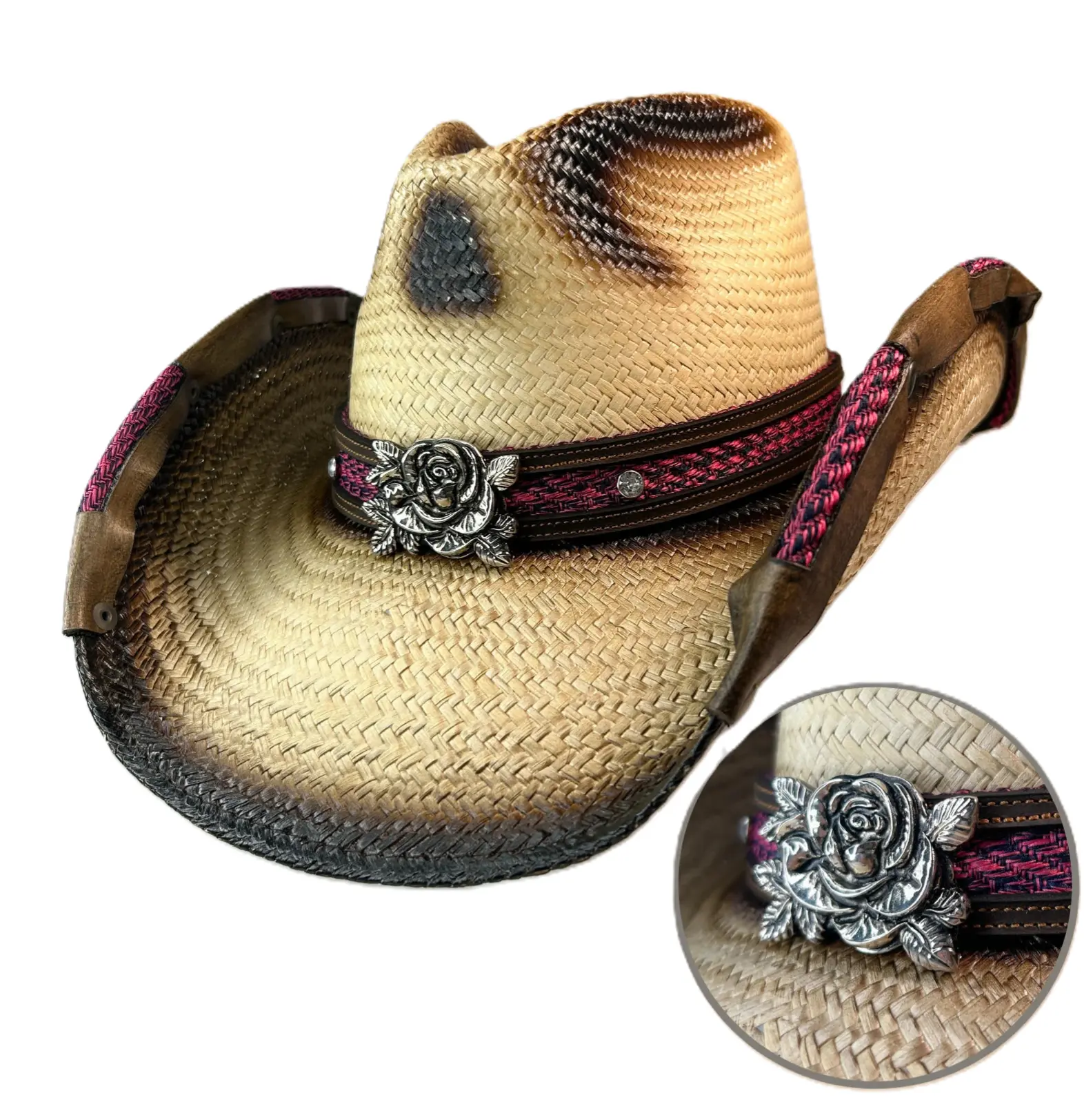 Austin Handmade Hats, Handmade Straw Cowgirl Hat, Pink Band Straw Hat, Fucsia Band, Rose Concho Straw Hat, Leather on Tthe Brim Straw Hat, Country Concert Cowgirl Soft Natural Straw Color Quality Satisfaction Warranty, Crystals band, Turquoise Stone.