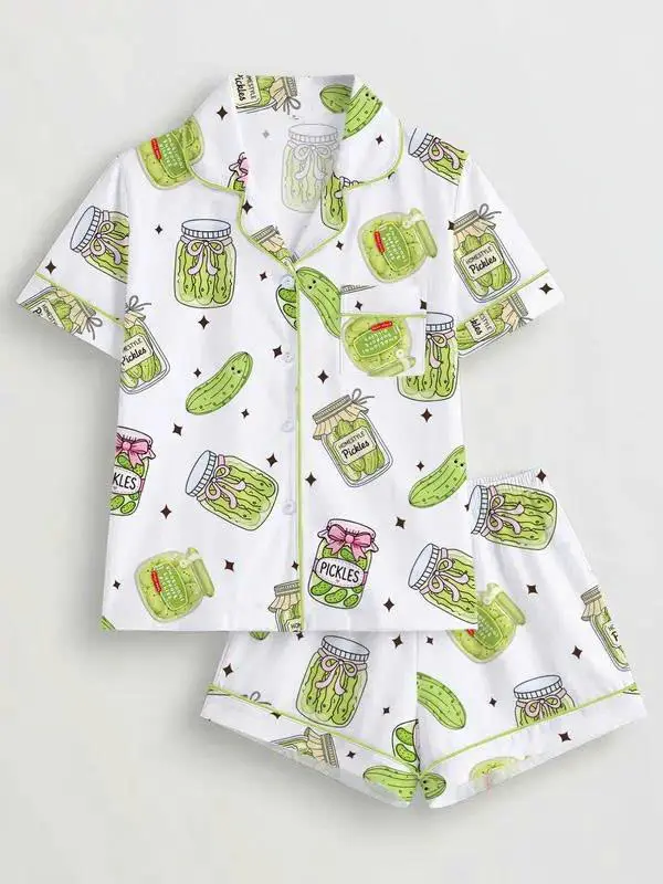 Women's 2-Piece Pajama Set Pjs, Acid Pickle Theme Print, Casual Fitted Sleepwear, Loungewear, Comfortable Short Sleeve Top & Elastic Shorts, All Seasons, Printed Sleepwear Set