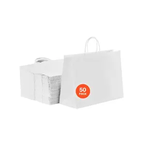 fathersdaygift VEVOR Kraft Paper Bags with Handles, 50Pcs 16x 6x 12 in, Large Paper Grocery Bags, Reusable Recycled Take-Out Sacks, Plain Party Bag Bulk for Birthday, Wedding, Business, Goody, White