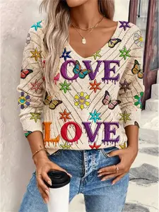 Women's Butterfly Letter Print Long Sleeve Knit Top, Casual Elegant Vacation Style Sweater, Loose V Neck, Comfortable Warm Fall Winter, Knitwear