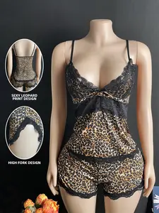 Women's Leopard Print Contrast Lace Cami Top & Shorts Pajama Set, Sexy Fitted Sleepwear, Comfortable Home Clothing