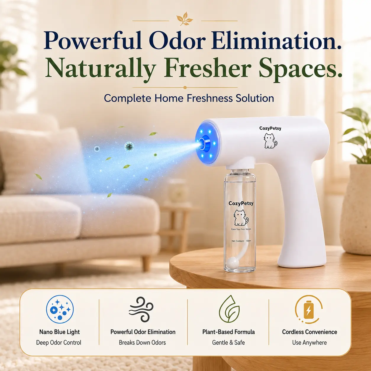 Blue Light Bio-Enzyme Atomizer Gun Kit with 4 Refills, Multi-Purpose Deodorizing Spray for Smoke & Toilet Odors, Lick-Safe Home Cleaner That Breaks Down Urine