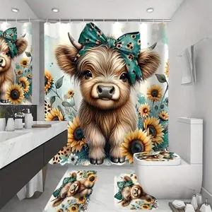 1/4 Piece Highland Cow Cartoon Pattern Shower Curtain Set, Waterproof Shower Curtain, Bathroom Rug, U-Shaped Toilet Mat, Toilet Lid Cover, Bathroom Decor With 12 Hooks, Ideal For Holiday Gifts