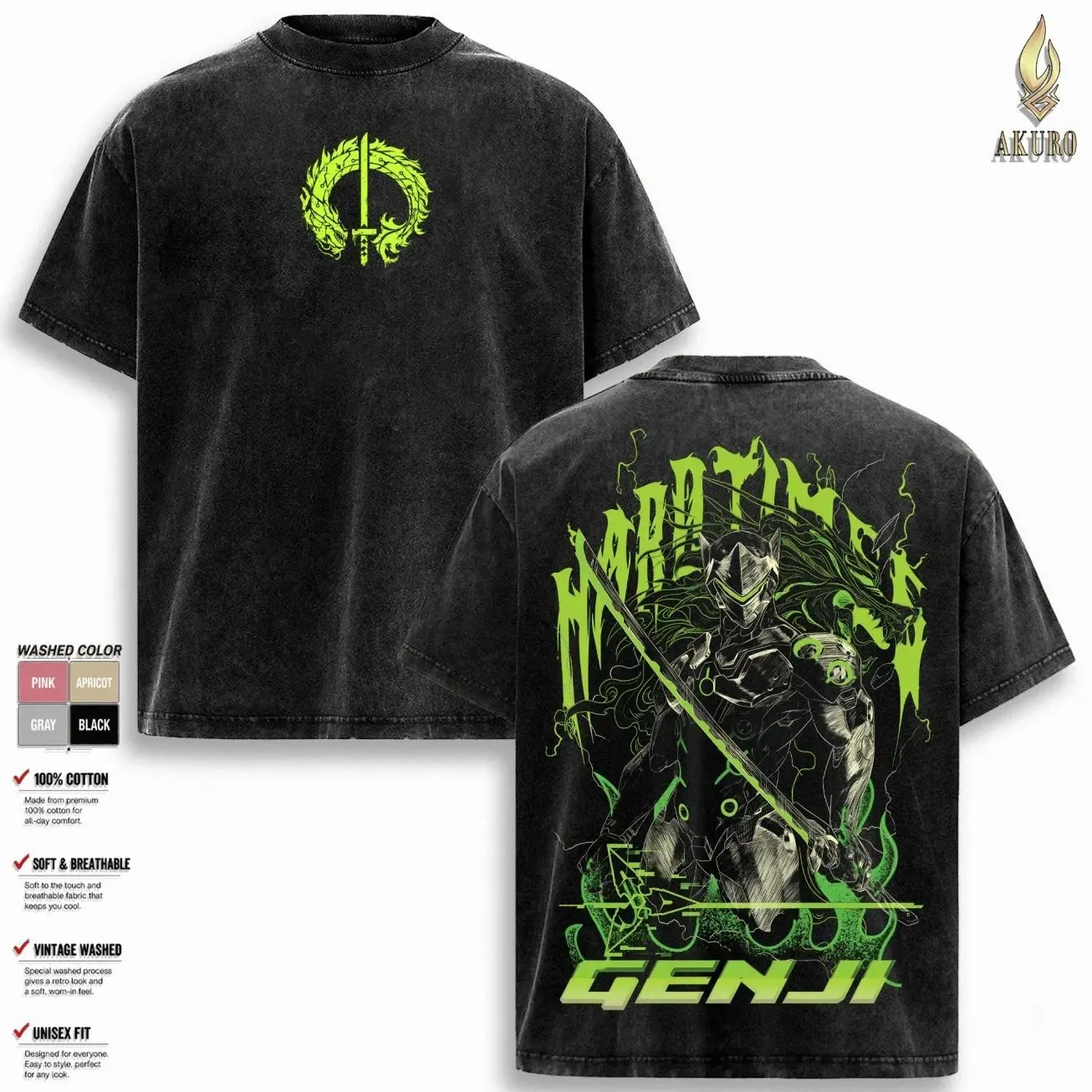 Genji Overwatch, Blizzard Collection Game Oversized Washed Tee Acid Washed Lightweight TSHIRT, Gift for him her Clothes Cotton 9D8
