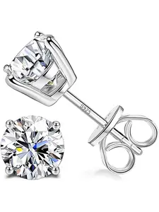Sterling Silver Cubic Zirconia Stud Earrings for Women Men 14k White Gold Plated Round CZ Earrings for Sensitive Ear (Silver, 7MM (2.5CT))