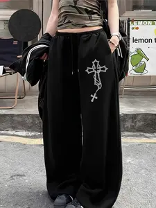 Water Drill Cross Print Wide Leg Pants Gothic Y2K Casual Long Pants, Fitted Graphic Pattern, Winter Fashion