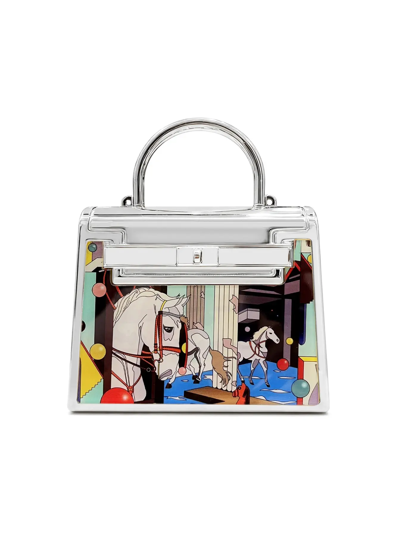White horse pattern metal mirror acrylic box mini handbag, banquet bag metal crossbody bag wallet, small clutch, Crossbody clutch purse, suitable for storing lipstick, earphones, etc., exquisite, rich patterns, personalized gift options