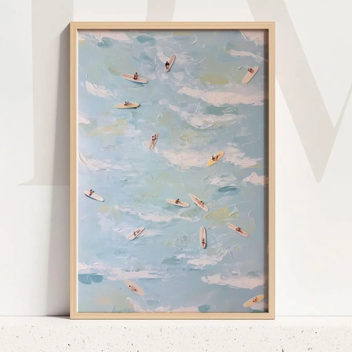 Aerial Surfers Coastal Wall Art, Abstract Ocean View Poster, Light Blue Beach Decor | Frameless Poster Y