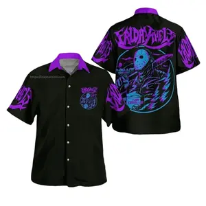 Friday The 13th Jason Voorhees Neon Hawaiian Shirt Men Women Black Friday Camp Crystal Lake Purple Blue Horror Back Print Casual Loose Beach Aloha Cool Summer Fall Streetwear Gift