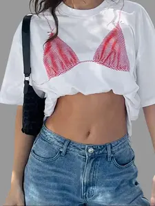 Women's Casual Round Neck Short Sleeve White T-Shirt with Bikini Print Loose Fit Drop Shoulder Summer Top - Fabric