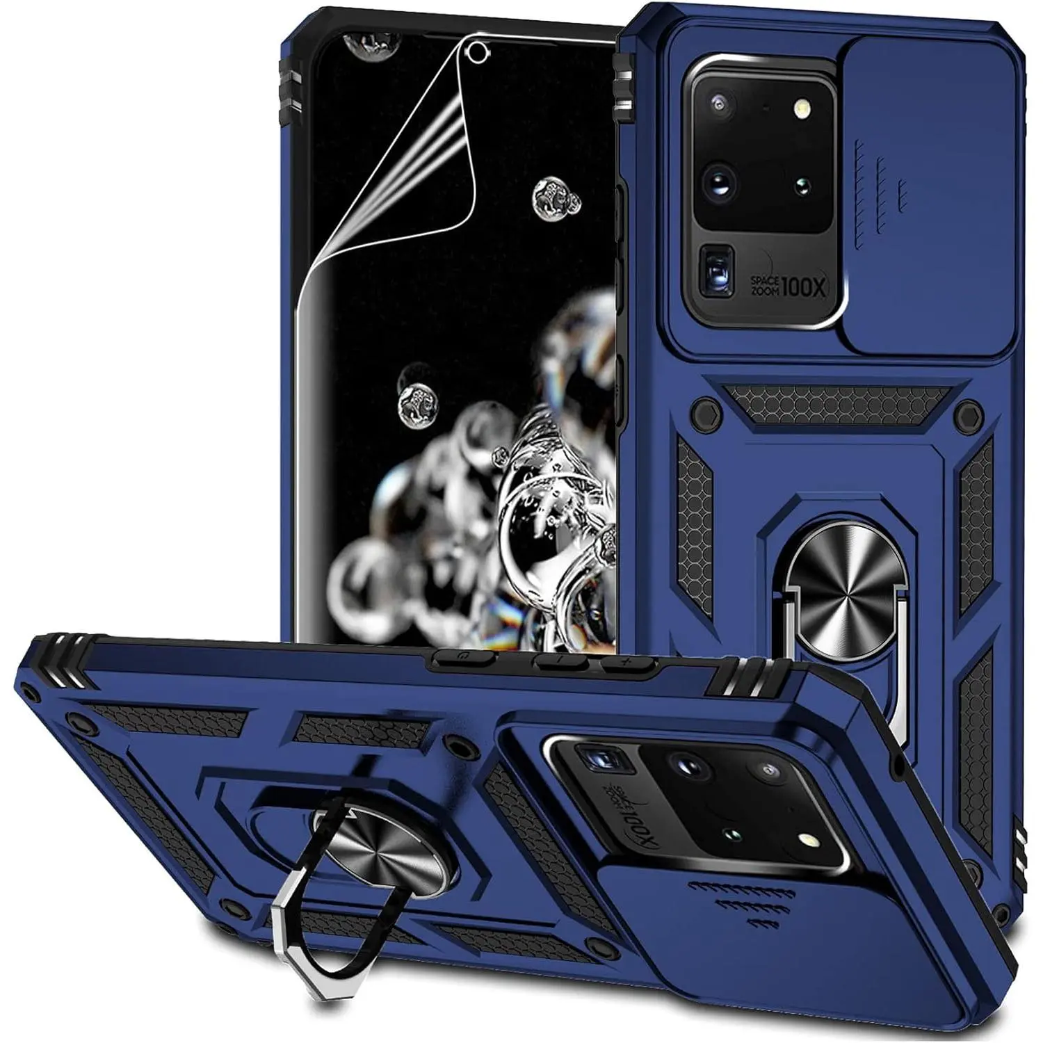 for Samsung Galaxy S20 Ultra Case with Camera Lens Cover HD Screen Protector,Military-Grade Drop Tested Magnetic Ring Holder Kickstand Protective Phone Case for Samsung Galaxy S20 Ultra 5G (Navy Blue)
