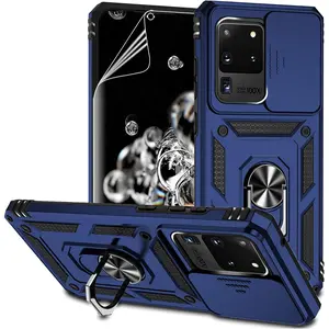 for Samsung Galaxy S20 Ultra Case with Camera Lens Cover HD Screen Protector,Military-Grade Drop Tested Magnetic Ring Holder Kickstand Protective Phone Case for Samsung Galaxy S20 Ultra 5G (Navy Blue)