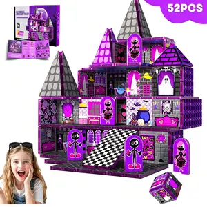 52 Pcs Magnetic Tiles Building Toys, Magnetic Construction Set, Skull and Ghost Blocks for Kids Ages 3+, Stem Magnet Toys, Haunted Castle Playset, Unisex