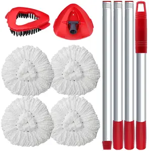 Spin Mop Replacement Set for O-Ceda EasyWring 1-Tank System, Includes 4 Mop Head Replacement, 1 Mop Handle (4-Section Pole), 1 Scrubber Head, 1 Spin Base( Polyester Microfiber Mop Head Pack Head Replacement Pack )