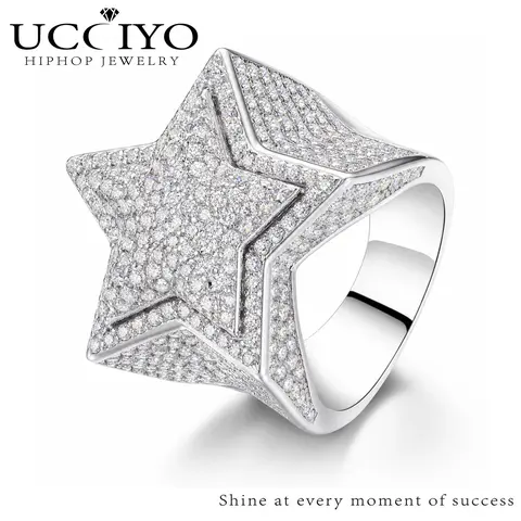 UCCIYO S925 Sterling Silver 5-Star Moissanite Band Ring R46, D Color VVS1 Round Synthetic Moissanite, Luxury Hip Hop Engagement Promiserings, Casual Artificial Gemstone Rings【#R46】